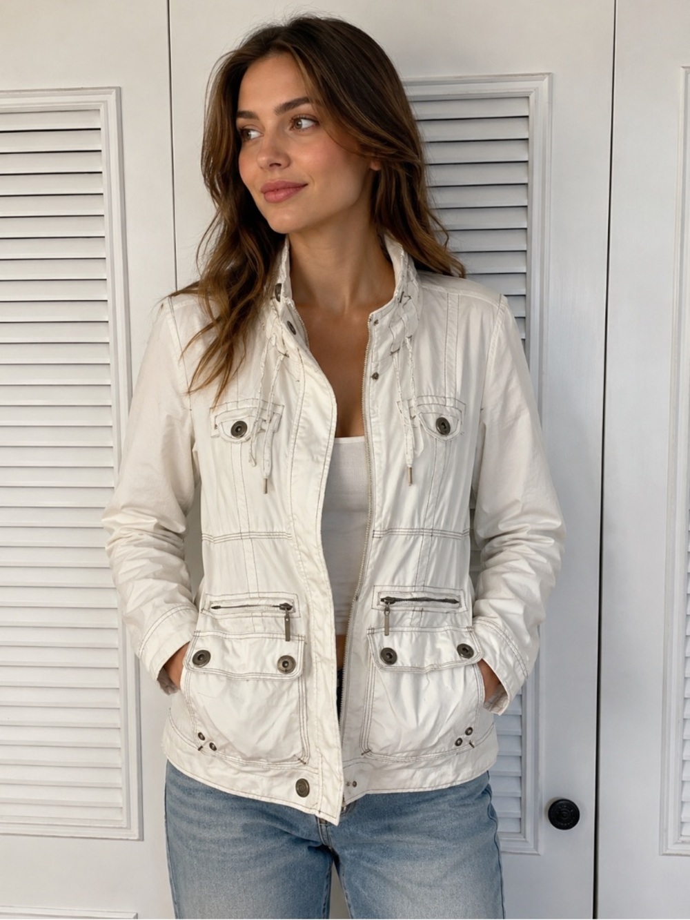 Maurices Soft White Utility Jacket with Contrast Topstitching
